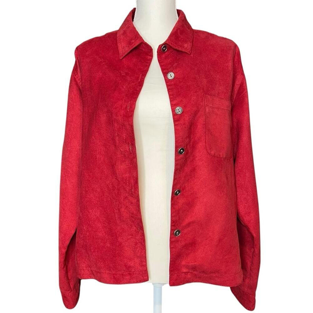 Chico’s Women’s Red Faux Suede Oversized Button Up Shirt Jacket Size 2 / Large